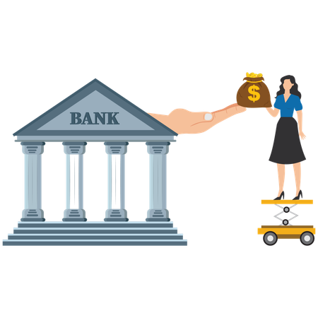 Geschäftsfrau legt ihre Geldsäcke auf die ausgestreckte Hand der Bank  Illustration