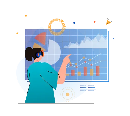 Geschäftsfrau führt Analysen mithilfe von VR-Technologie durch  Illustration