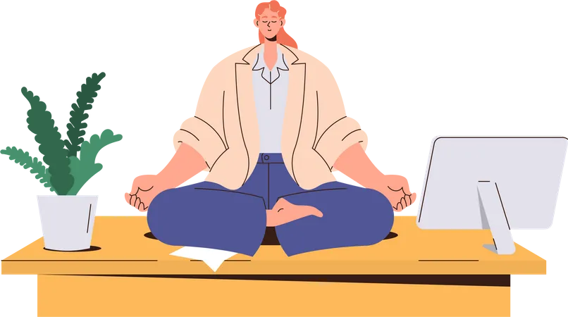 Geschäftsfrau meditiert während der Arbeitspause im Lotussitz, um sich zu beruhigen  Illustration