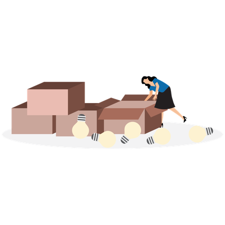 Geschäftsfrau öffnet Karton auf der Suche nach neuen Ideen und viele Glühbirnen verstreut herum  Illustration
