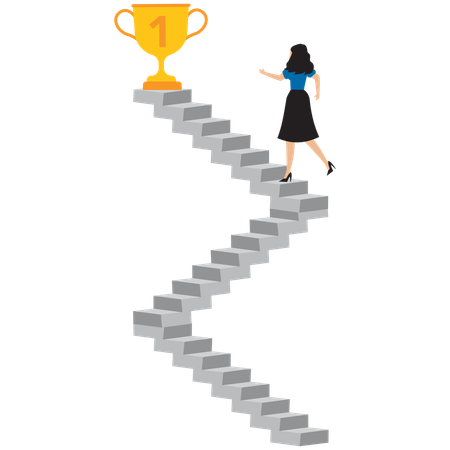 Geschäftsfrau rennt die Treppe hinauf, um Trophäe zu gewinnen  Illustration