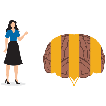 Geschäftsfrau schaut misstrauisch auf Gehirn, das mit gelbem Absperrband versiegelt ist  Illustration