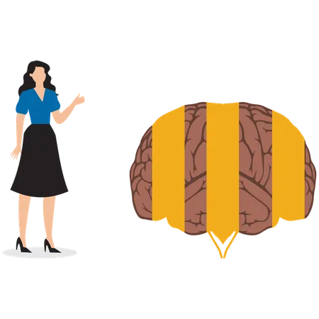 Geschäftsfrau schaut misstrauisch auf Gehirn, das mit gelbem Absperrband versiegelt ist  Illustration