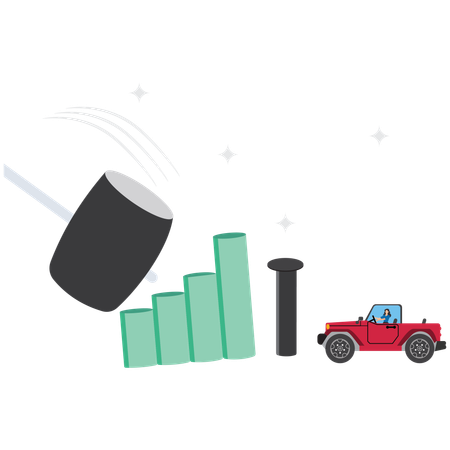 Geschäftsfrau schlägt Nägel in Beton ein, um Auto vor einem Balken zu schützen, der es treffen könnte  Illustration