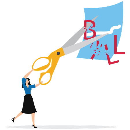 Geschäftsfrau schneidet Einkaufsrechnung aus  Illustration