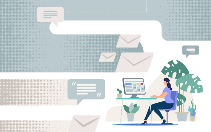 Geschäftsfrau sitzt am Schreibtisch mit Computermonitor, Messaging, Mailing mit Kollegen  Illustration