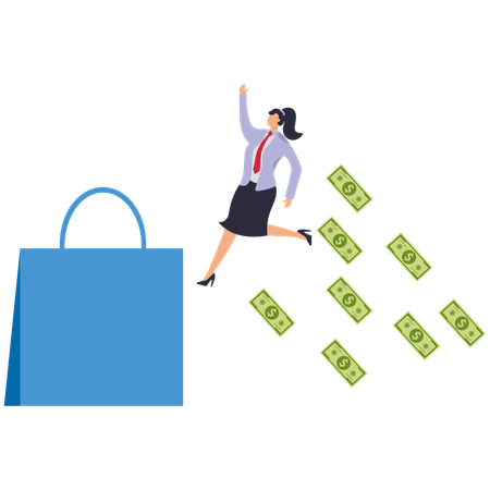 Geschäftsfrau springt über große Einkaufstasche und Geld verstreut sich hinter ihr  Illustration