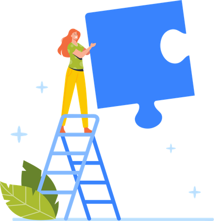 Geschäftsfrau steht auf Leiter mit riesigem Puzzleteil in der Hand  Illustration