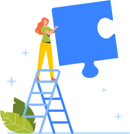 Geschäftsfrau steht auf Leiter mit riesigem Puzzleteil in der Hand  Illustration