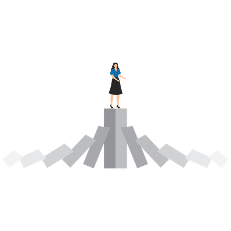 Geschäftsfrau steht auf starkem Balkendiagramm, unberührt vom Dominoeffekt  Illustration