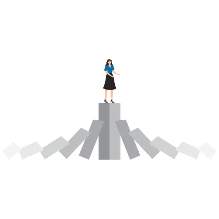 Geschäftsfrau steht auf starkem Balkendiagramm, unberührt vom Dominoeffekt  Illustration