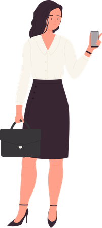 Geschäftsfrau steht mit Telefon und Aktentasche  Illustration