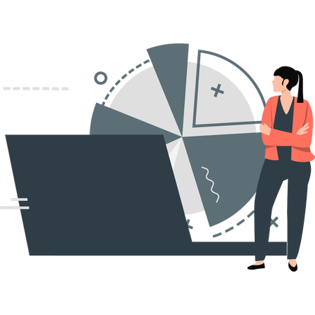 Geschäftsfrau, die in der Nähe verschiedener Diagrammteile steht  Illustration