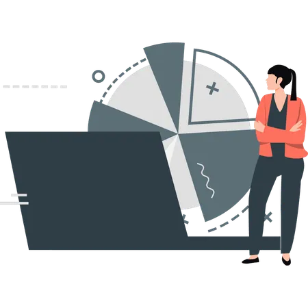 Geschäftsfrau, die in der Nähe verschiedener Diagrammteile steht  Illustration