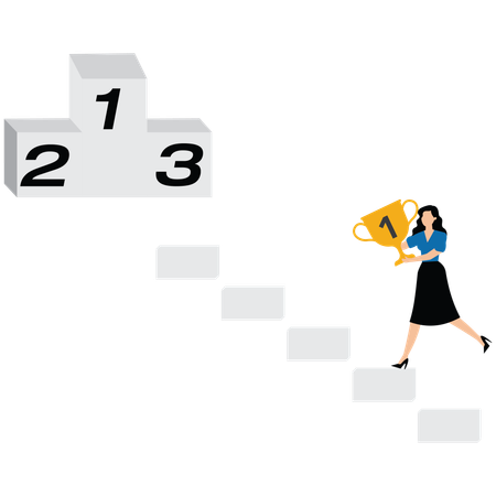 Geschäftsfrau beim Treppensteigen mit Trophäe  Illustration