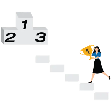 Geschäftsfrau beim Treppensteigen mit Trophäe  Illustration