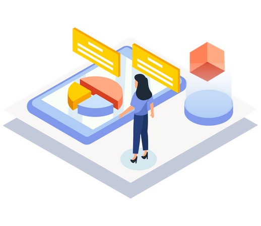 Geschäftsfrau sucht virtuelles Statistikdiagramm  Illustration