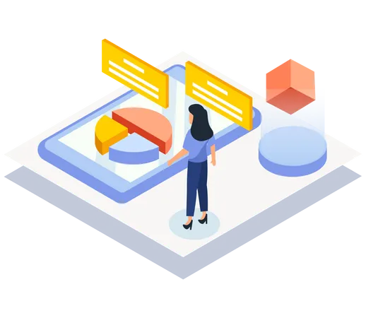 Geschäftsfrau sucht virtuelles Statistikdiagramm  Illustration