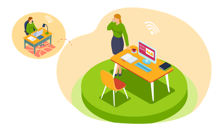Geschäftsfrau telefoniert mit Kollegen am Arbeitsplatz  Illustration