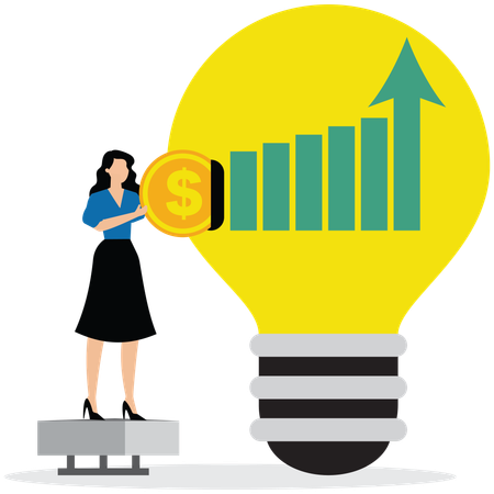 Geschäftsfrau wirft Münze in Glühbirne, während Graph herausragt  Illustration