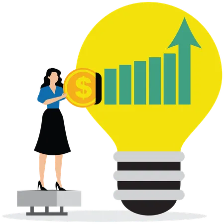 Geschäftsfrau wirft Münze in Glühbirne, während Graph herausragt  Illustration