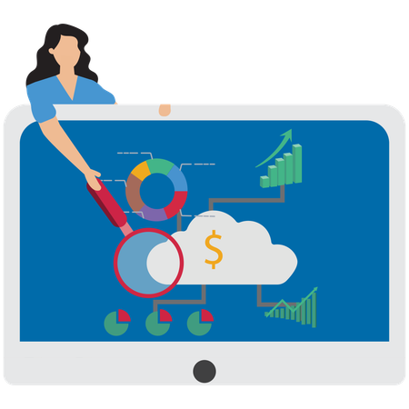 Geschäftsfrau zeigt Balkendiagramm auf laptop  Illustration