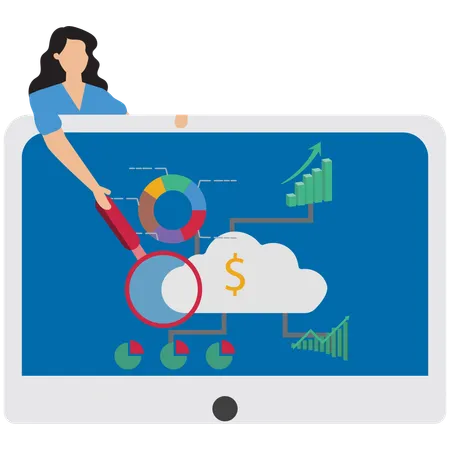 Geschäftsfrau zeigt Balkendiagramm auf laptop  Illustration