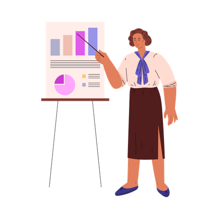 Geschäftsfrau zeigt Graph mit Diagrammen und Diagrammen  Illustration