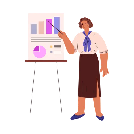 Geschäftsfrau zeigt Graph mit Diagrammen und Diagrammen  Illustration