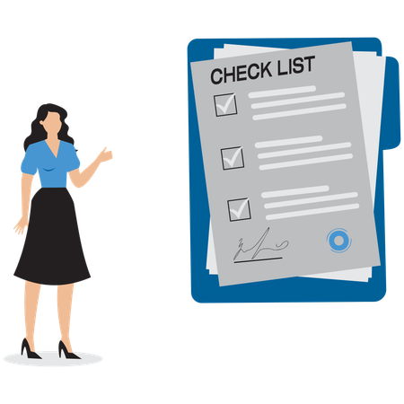 Geschäftsfrau zeigt Umfrage-Checkliste  Illustration