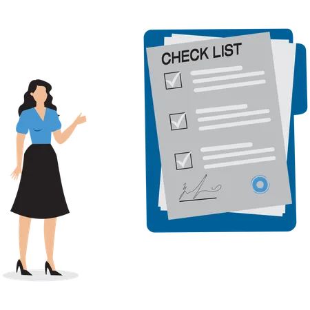 Geschäftsfrau zeigt Umfrage-Checkliste  Illustration