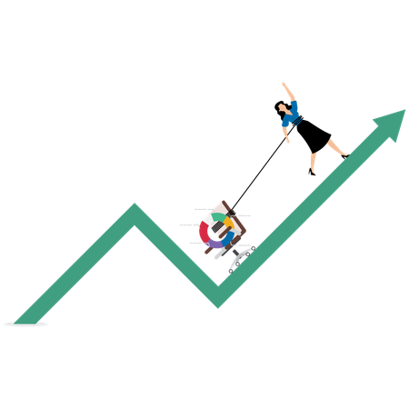 Geschäftsfrau zieht Leistungskreisdiagramm und Bürostuhl an Aufwärtspfeil entlang  Illustration