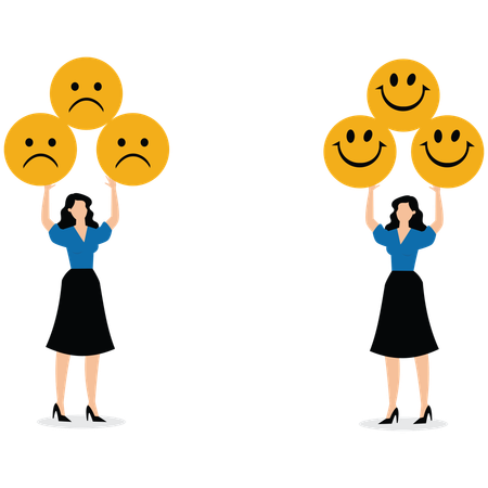 Geschäftsfrauen halten einen Haufen Smiley-Emoticons, ein anderer Geschäftsmann hält einen Haufen trauriger Emoticons  Illustration