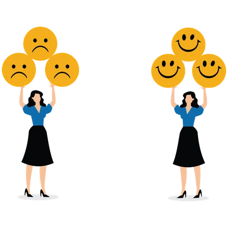 Geschäftsfrauen halten einen Haufen Smiley-Emoticons, ein anderer Geschäftsmann hält einen Haufen trauriger Emoticons  Illustration