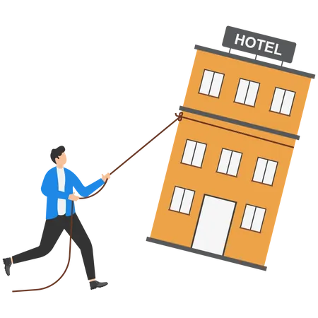 Dem Geschäftsinhaber gelang es, aufzustehen und das Hotel, das kurz vor dem Einsturz stand, wieder aufzurichten  Illustration