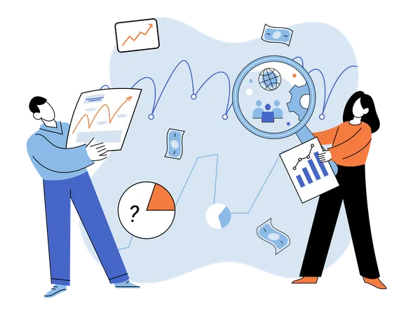 Geschäftsleute Die Analyse von Markttrends hilft Unternehmen, neue Chancen zu erkennen  Illustration