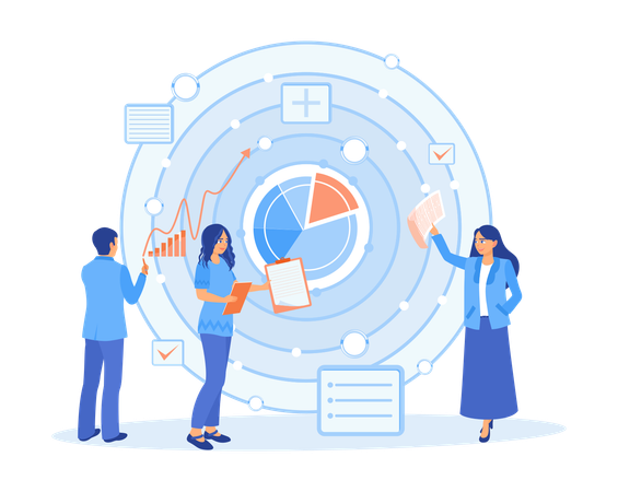 Geschäftsleute analysieren Teamwork-Projekte und Unternehmensmanagement, um Ziele zu erreichen  Illustration