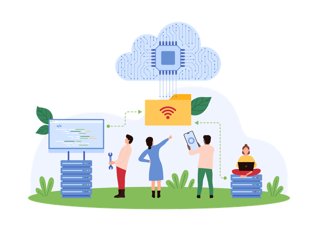 Geschäftsleute, die an der Optimierung des Cloud-Speichers arbeiten  Illustration