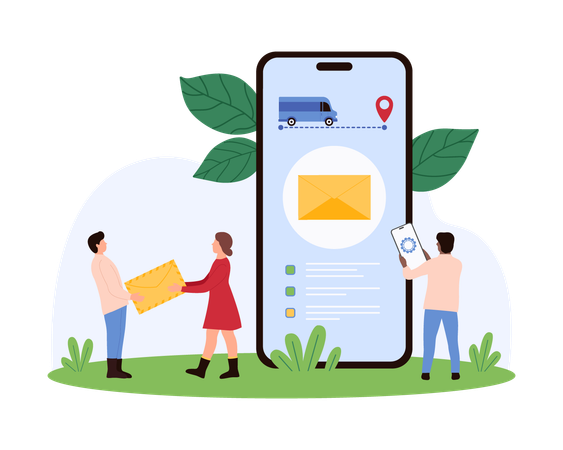 Geschäftsleute, die mit einer mobilen App an der Postzustellung arbeiten  Illustration