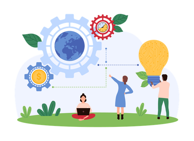 Geschäftsleute, die an globalen Innovationen arbeiten  Illustration