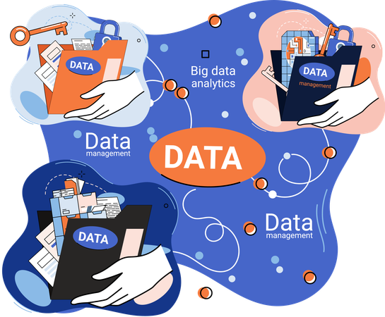 Geschäftsleute, die an komplexen Datenquellen arbeiten  Illustration