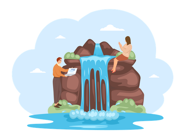 Geschäftsleute, die in der Nähe eines Wasserfalls arbeiten  Illustration