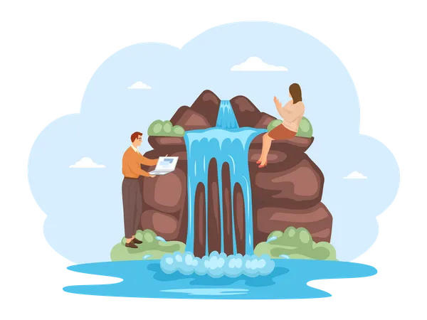 Geschäftsleute, die in der Nähe eines Wasserfalls arbeiten  Illustration