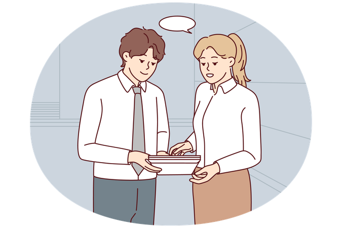 Geschäftsleute brainstormen und diskutieren Dokument  Illustration