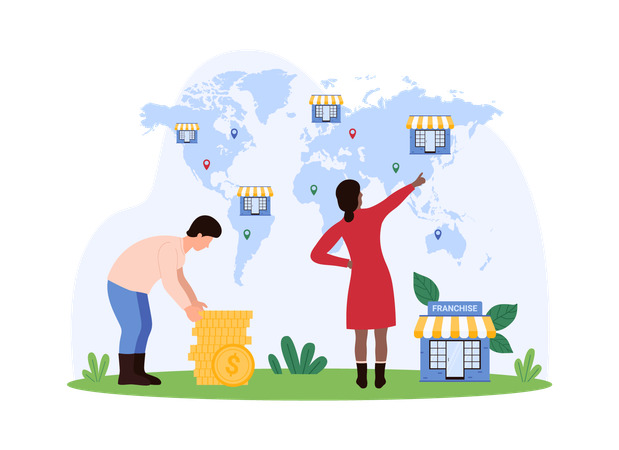 Geschäftsleute, die an der globalen Franchise-Expansion arbeiten  Illustration