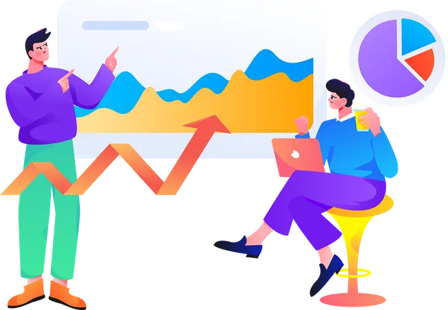 Geschäftsleute diskutieren Graphenanalyse  Illustration