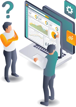 Geschäftsleute diskutieren Meinungen zur Computerdatenanalyse  Illustration