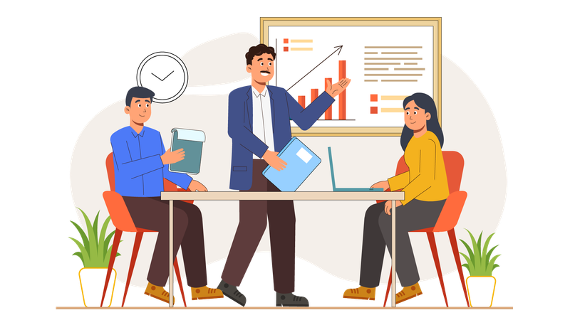 Geschäftsleute diskutieren über Analysediagramm  Illustration