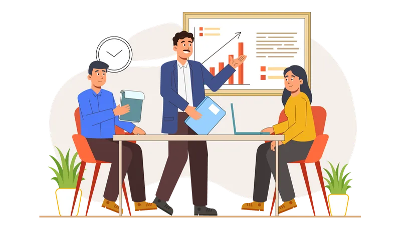 Geschäftsleute diskutieren über Analysediagramm  Illustration