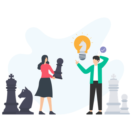 Geschäftsleute entwickeln Strategie mit Schachfiguren und Glühbirne Idee  Illustration